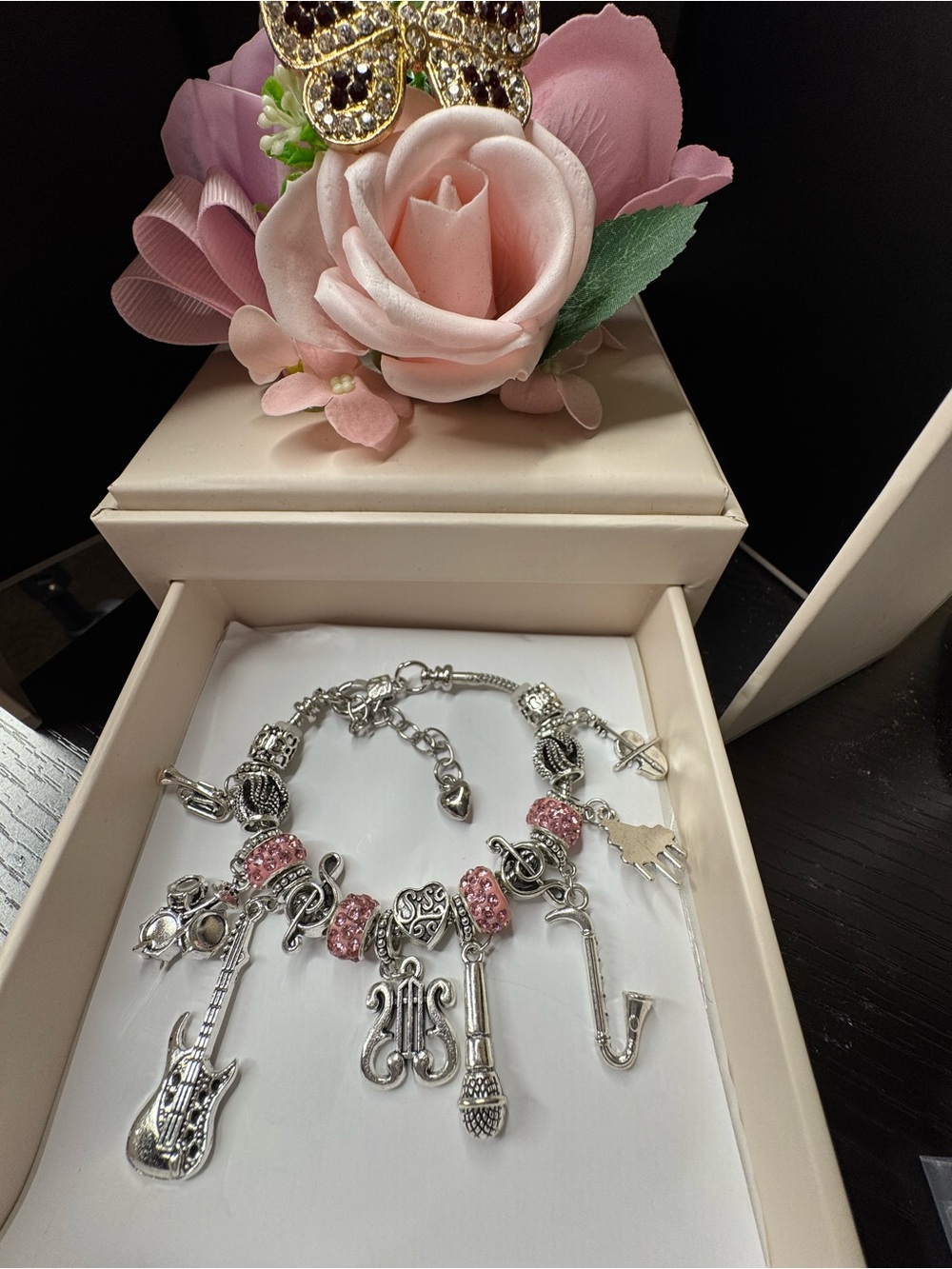 Silver and Pink Charm Bracelet Necklace - Women Jewelry